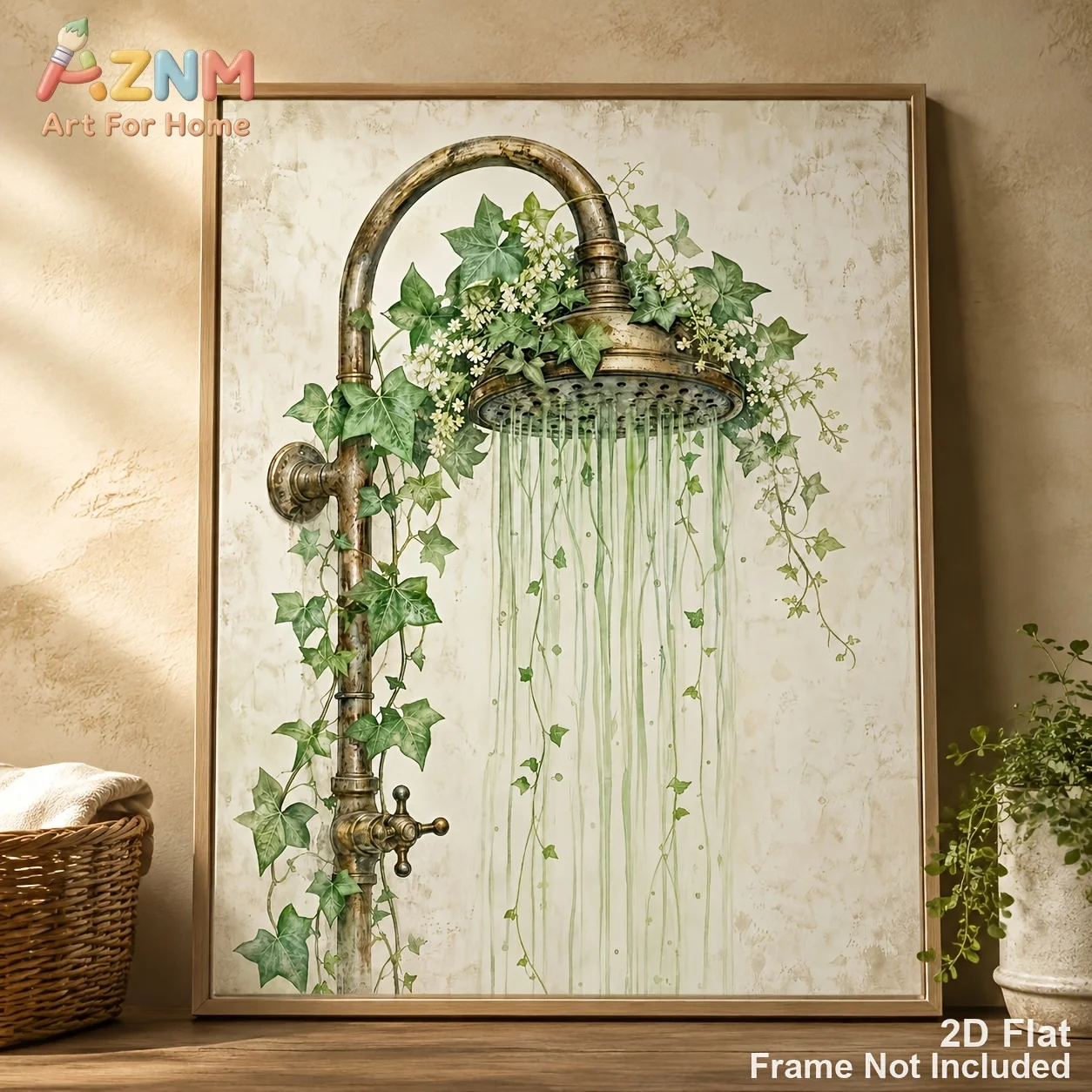 AZNM Vintage Shower Head Ivy Plant Canvas Wall Art Watercolor Green Botanical Unframed Print Rustic Bathroom Home Decor Poster