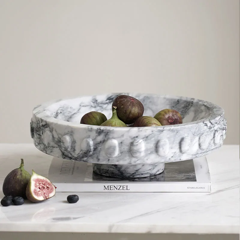 Circular Ring Edge White Black Marble Fruit Plate For Home Living Room Candy Plate High Footed Coffee Table Snack Storage Tray