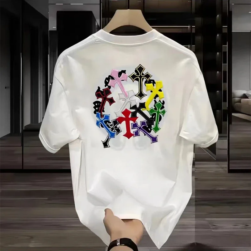 2026 Sommer Neues Herren-T-Shirt aus Reiner Baumwolle mit Digitalem Druck und Bunten Kreuzen Grafik Unisex Atmungsaktiv Harajuku Y2k Streetwear – Detail 3