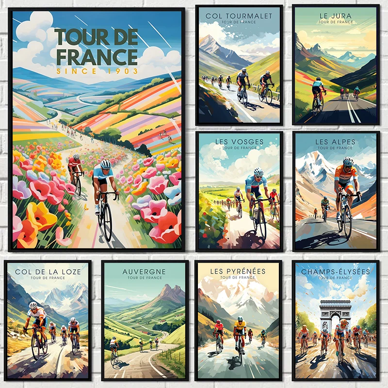 Bike and Cyclist Tour De France Poster Alpe D'Huez Circuit Landscape Prints Canvas Painting Wall Picture Living Room Home Decor