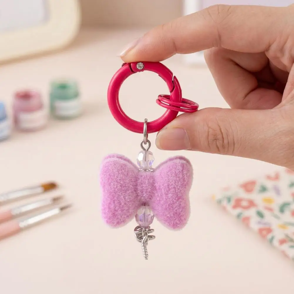 Imitation Mink Velvet Bow Keychain Diy Keychain Accessory Plush Bow Keychain Pendant with Rhinestone Beads for Backpack