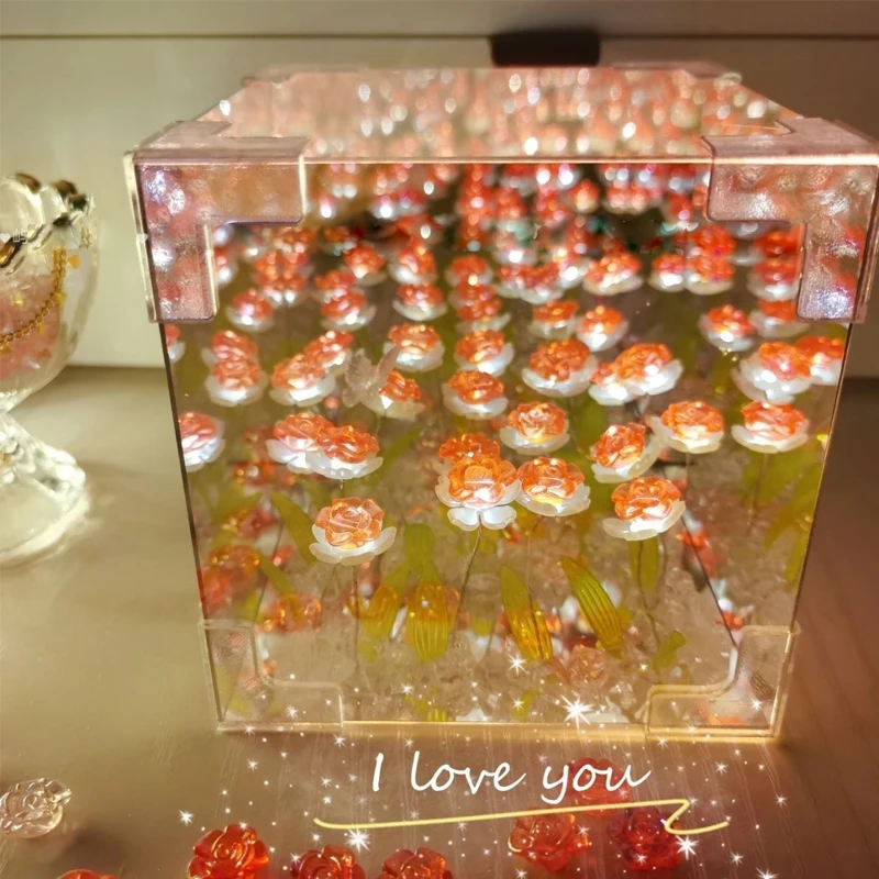 Romantic Rose Flower Box Handmade Led Tulip Night Light DIY Material Package Bed Desktop Ornament Mirror Box Living Room Decor