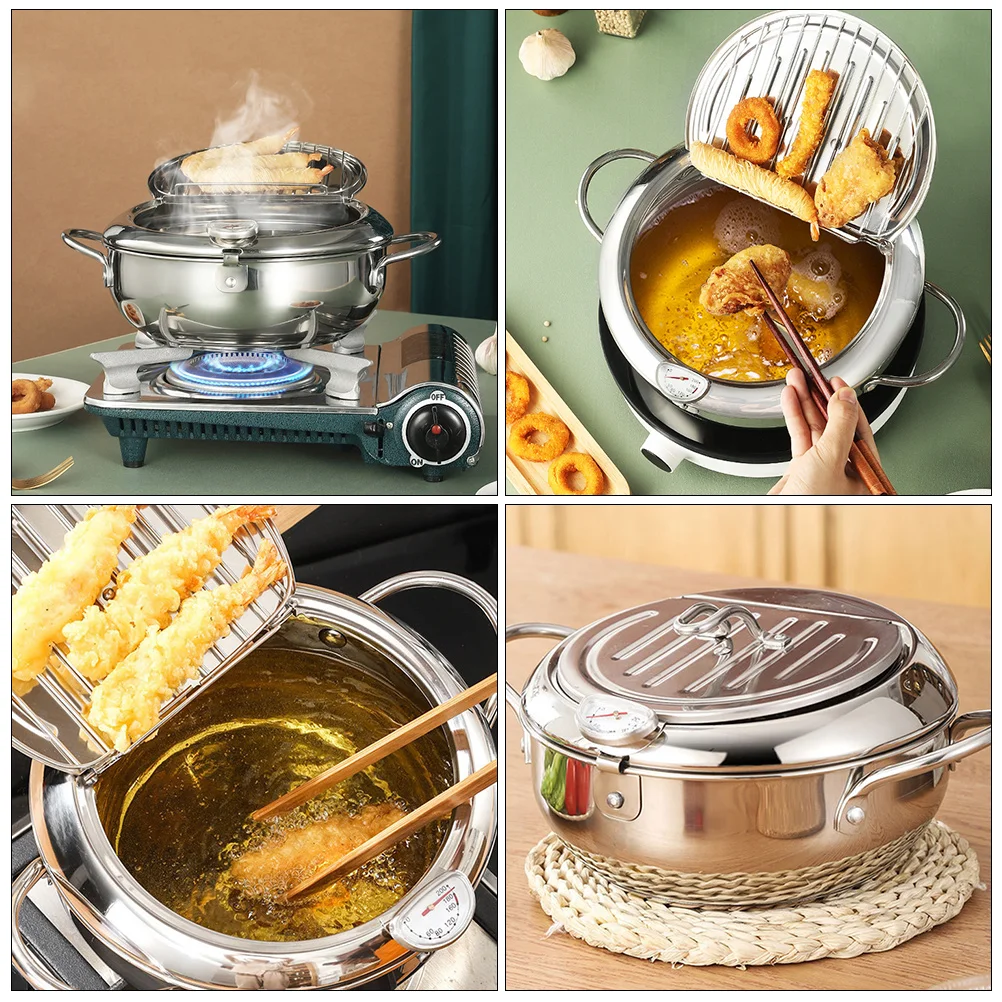 وعاء مقلاة عميقة صغيرة مع غطاء من الفولاذ المقاوم للصدأ للبطاطس المقلية وأجنحة الدجاج والروبيان وعاء المقلاة العميقة مقلاة تمبورا #5