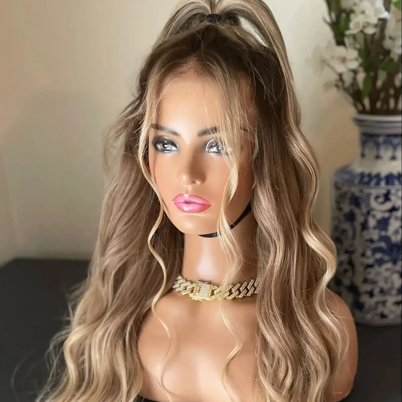 Ombre Honey Blonde High Quailty Synthetic Lace Front Wig Dark Roots Natural Body Wave 24 Inches Mixed Wigs Daily Wear Top Sale
