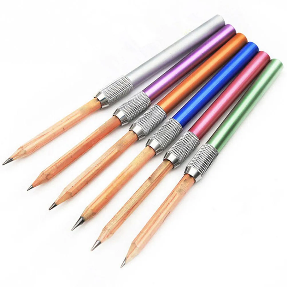 6Pcs Stainless Steel Pencil Holder Extender – Wear-Resistant, Balanced Grip for School & Office Stationery