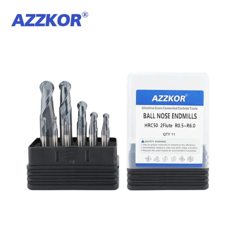 

AZZKOR R0.5-R6.0 11PCS-Set Tungsten Steel Ball Nose Cutter HRC50 2-Flute Carbide Endmill CNC Machining Center Milling Tools