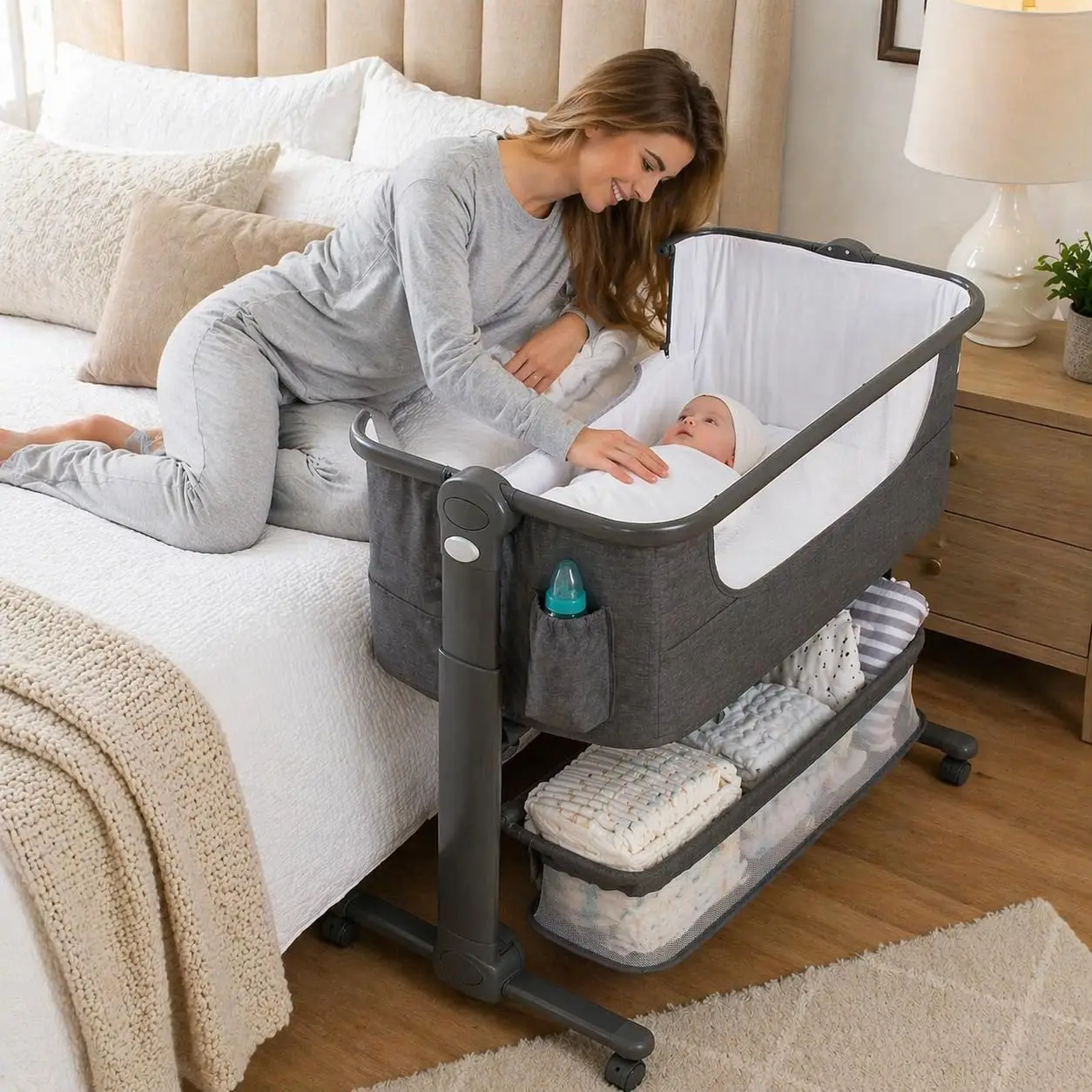 Baby Bassinet, Bedside Sleeper for Baby, Easy Folding Portable Crib with Storage Basket for Newborn, Bedside Bassinet, Comfy Mat