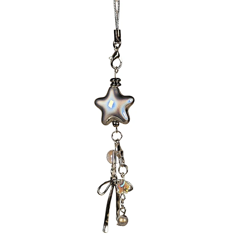 Cellphone Lanyard Keychain For Phone Y2K Style Metal Silver Star Bow Pendant Phone Charm Strap Sweet Cool Girl Pendant