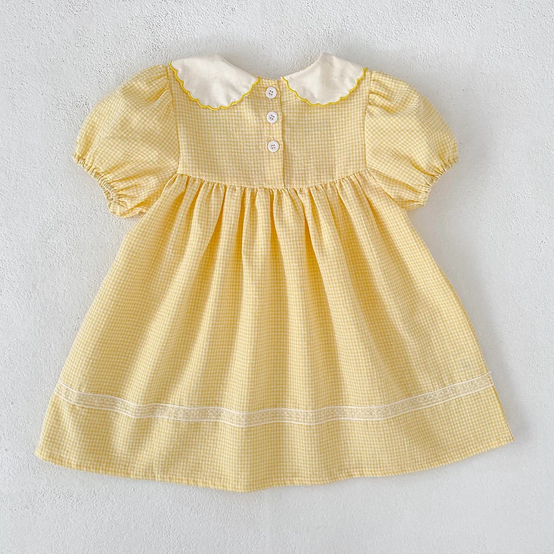 2026 Sommer 2-6 Jahre Kinder Karo-Süßes Partykleid 0-24 Monate Baby Mädchen Stickerei Kragen Kurzarm Body Gelbes Schwesterkleid – Detail 16