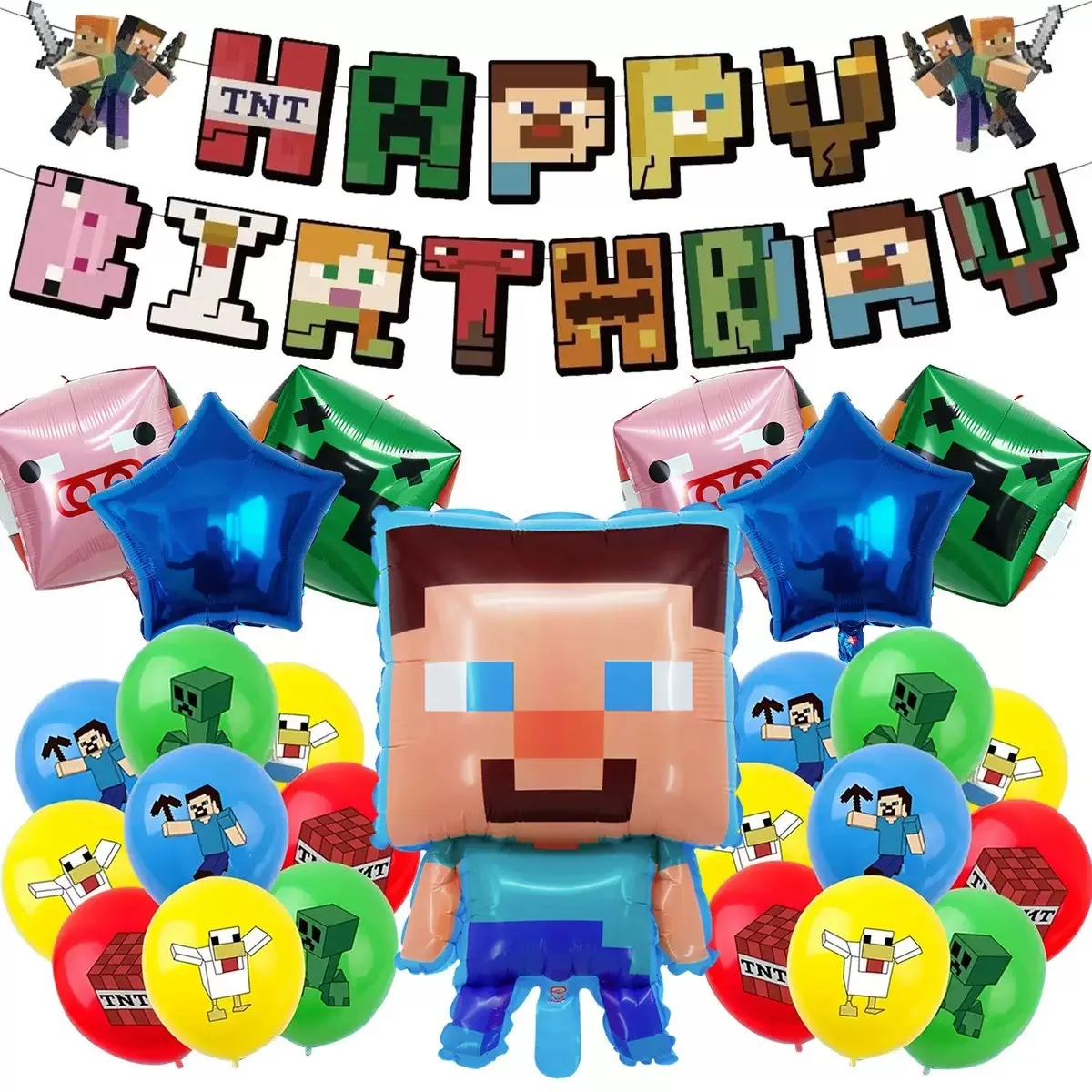 44/28pcs a set for Minecrafte Birthday Balloon Banner Party Decoration Anime Spiral Ornament Cake Topper Supplies Party Supplie