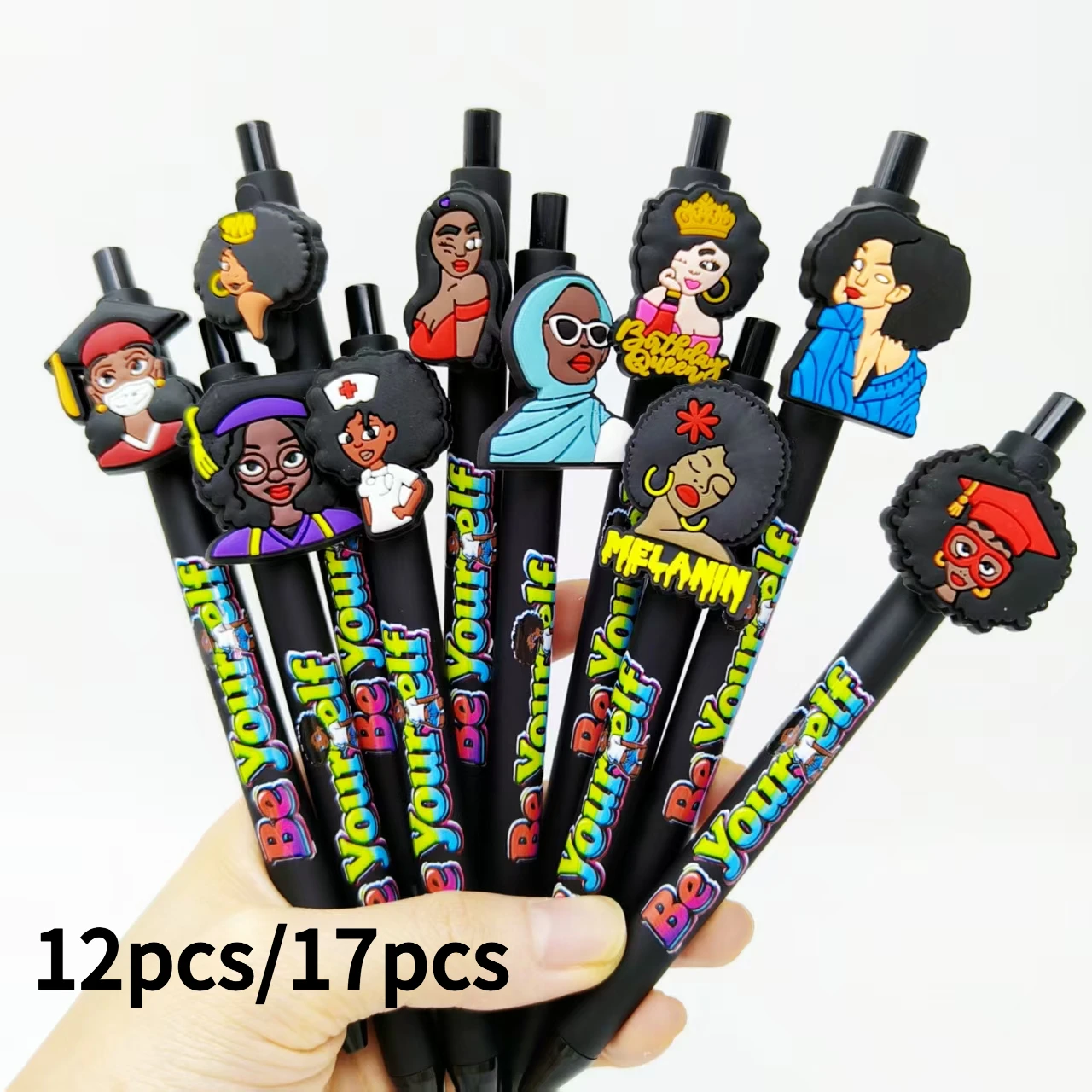 12pcs/17pcs black girl theme patch printed ballpoint pen black series school stationery office practical ballpoint pen