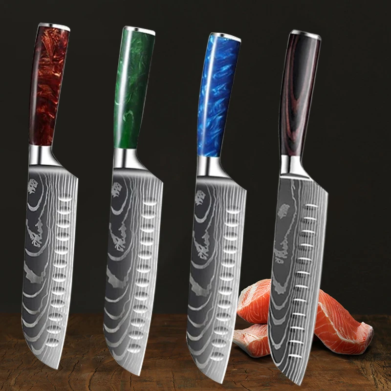 7INCH Chef's Santoku Knife Japanese Fish Fillet Knives Damascus Laser Slicing Meat Cleaver 7Cr17 Steel Salmon Knife