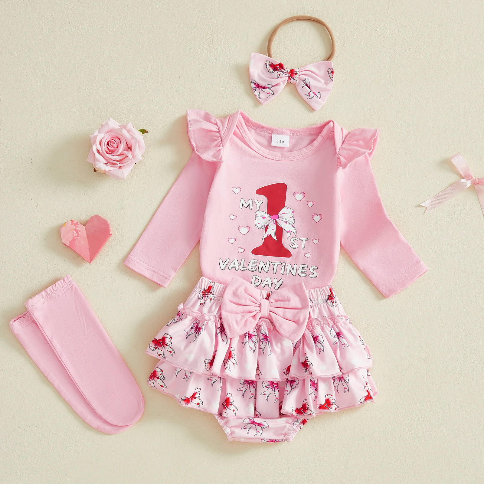 0-18M Infant Baby Girl First Valentines Day Outfits Letter Long Sleeve Round Neck Romper Bow Shorts Headband Long Socks
