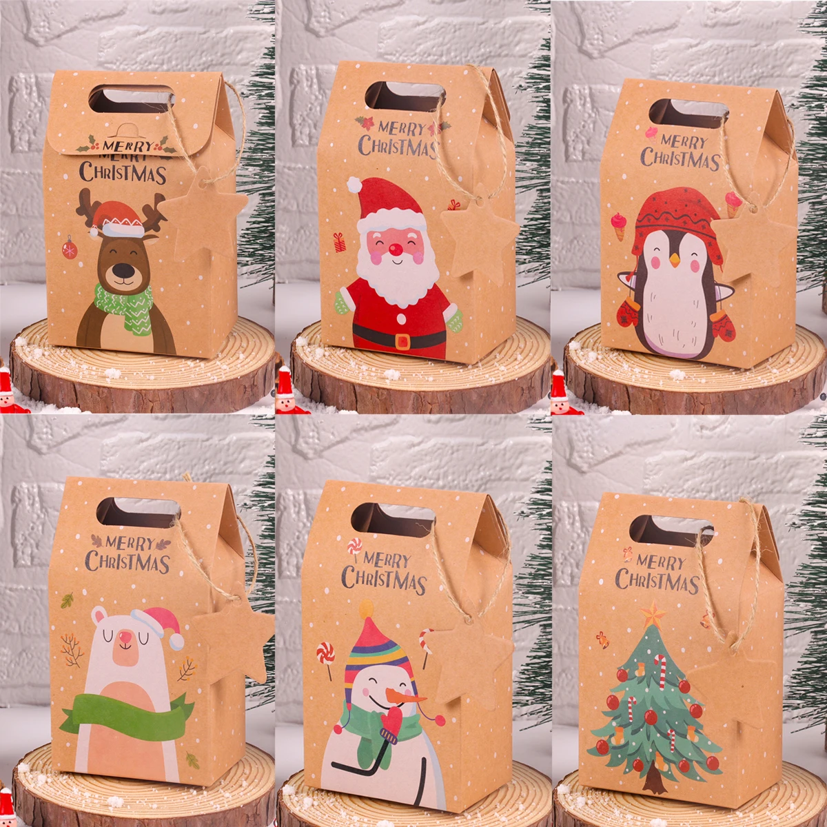 6/12szt Wesołych Świąt Pudełko na prezenty Kraft Paper Candy Cookies Packing Bags Santa Snowman Xmas gift Pack Box Home Decor New Year