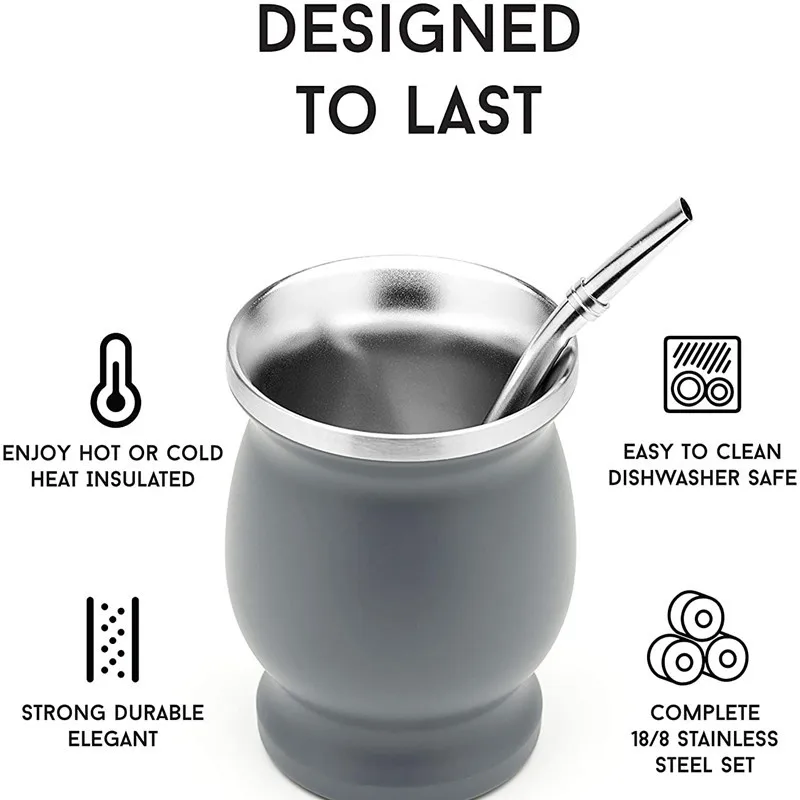 230ML 18/8 Stainless Steel Mate Tea Cup Yerba  Set Includes Double Walled One Bombilla  (Straw),a Cleaning Brush Gaiwan