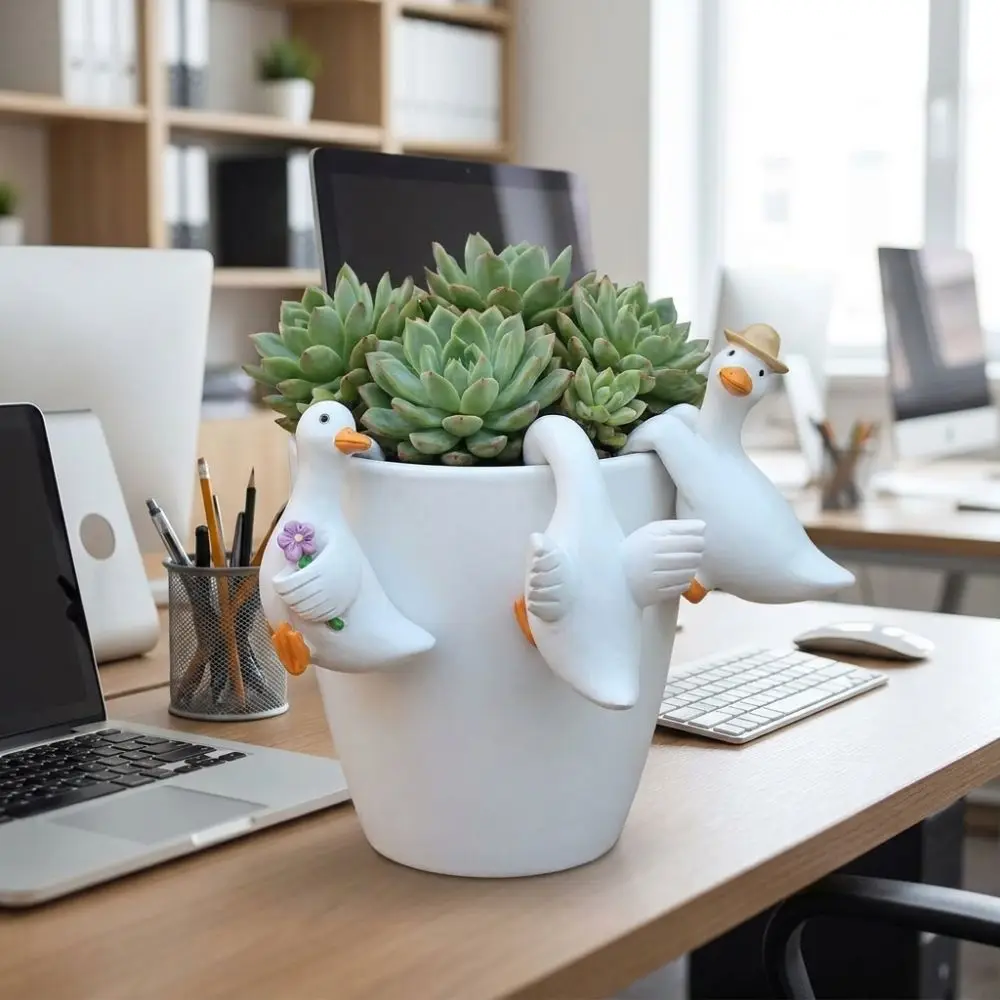 3PCS/SET Resin Duck Flowerpot Pendant Adorable Shape Whimsical Style Flower Pot Decor Realistic Simulated Animal Ornaments