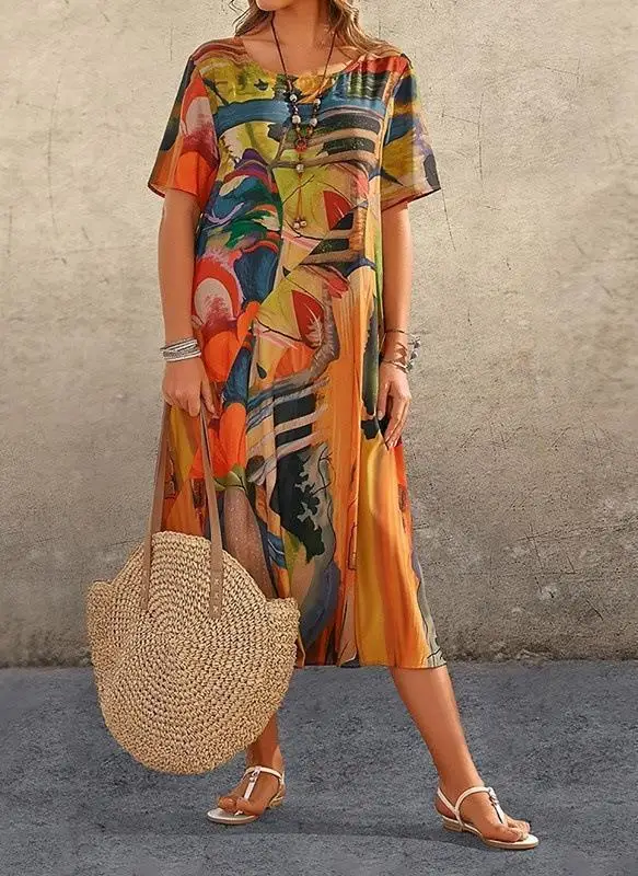 

Fashion Casual Contrast Color Printed Dress For Women Elegant Round Neck Short Sleeves Big Hem Long Dresses 2024 Summer New