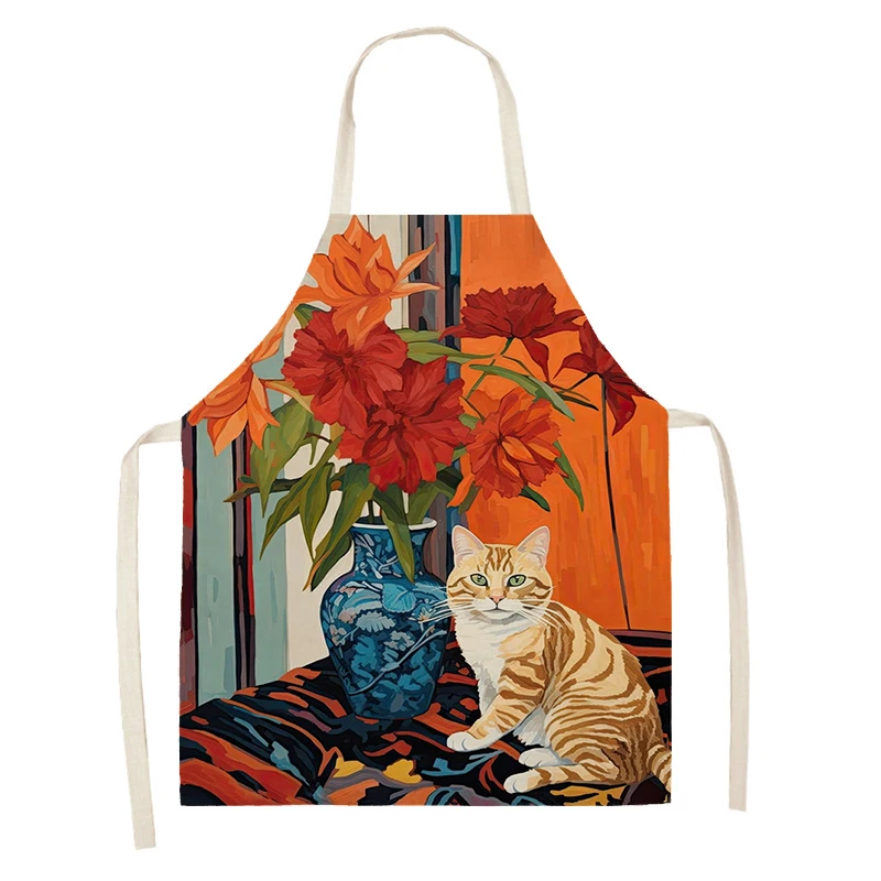 Women\'s kitchen apron oil painting style Restaurant chef barber Waterproof apron for menand child black cute cartoon cat 55×68