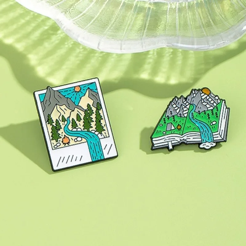 Adventure-Themed Enamel Pins:  Mountain Stream Book-Shaped Designs Perfect for Outdoor Enthusiasts Friend Gift Jewlery Accessory