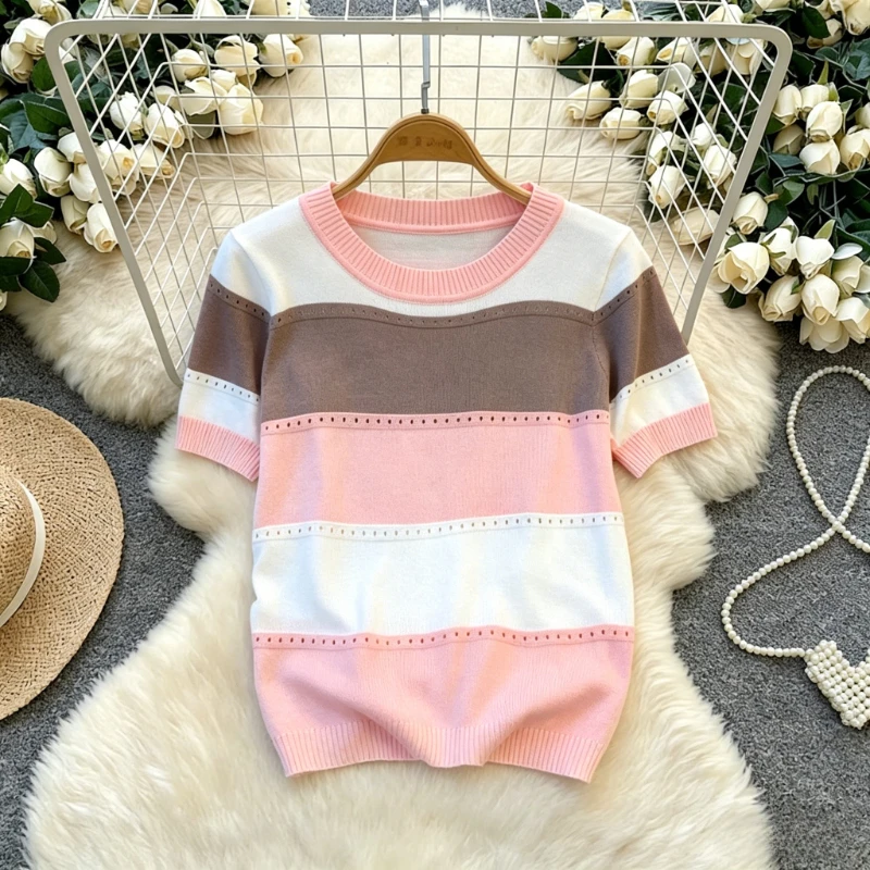 2026 New Summer Women O-neck Short Sleeve Knitted Pullover Hit Color Width Striped Hollow Out Crochet Hook Casual Pullover Tops