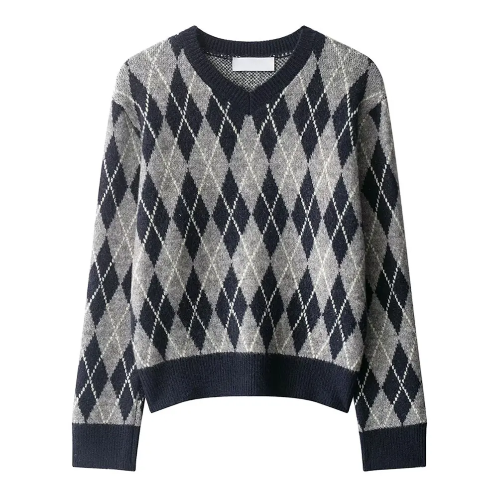 

Fashionable Diamond Pattern Knitted Sweater Women's New Arrival Vintage Style Autumn Collection