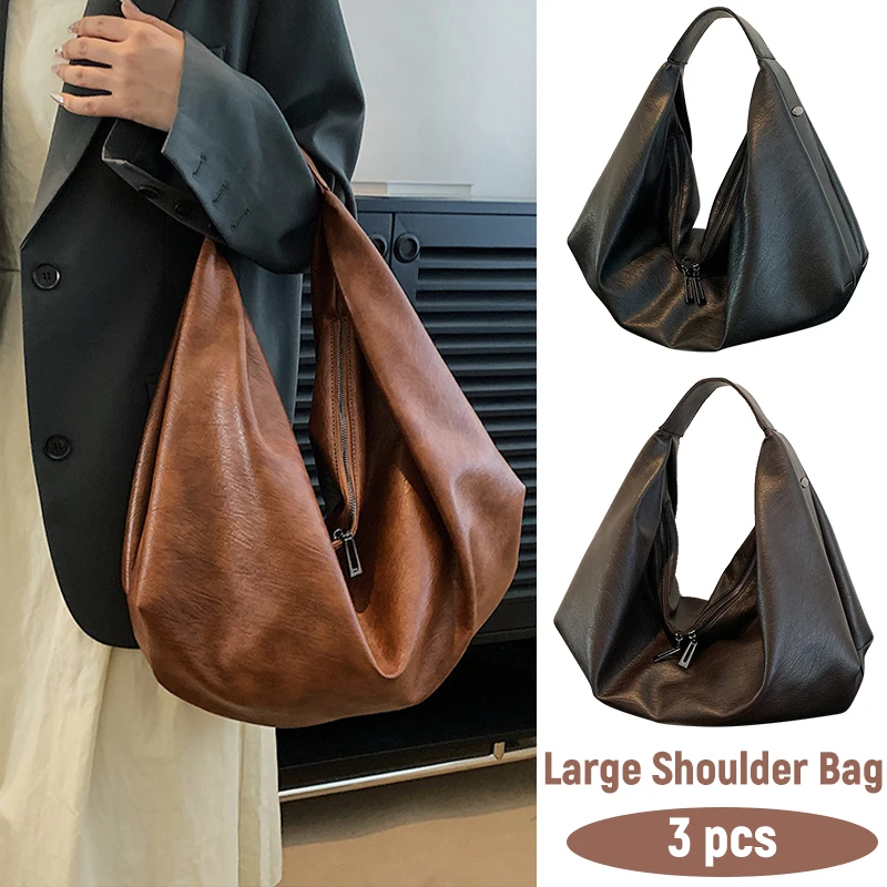 Women Underarm Handbag Big Black Shoulder Large Soft Oil PU Leather Solid Color Quality Travel Shoulder Bags Brown Lady Tote Bag