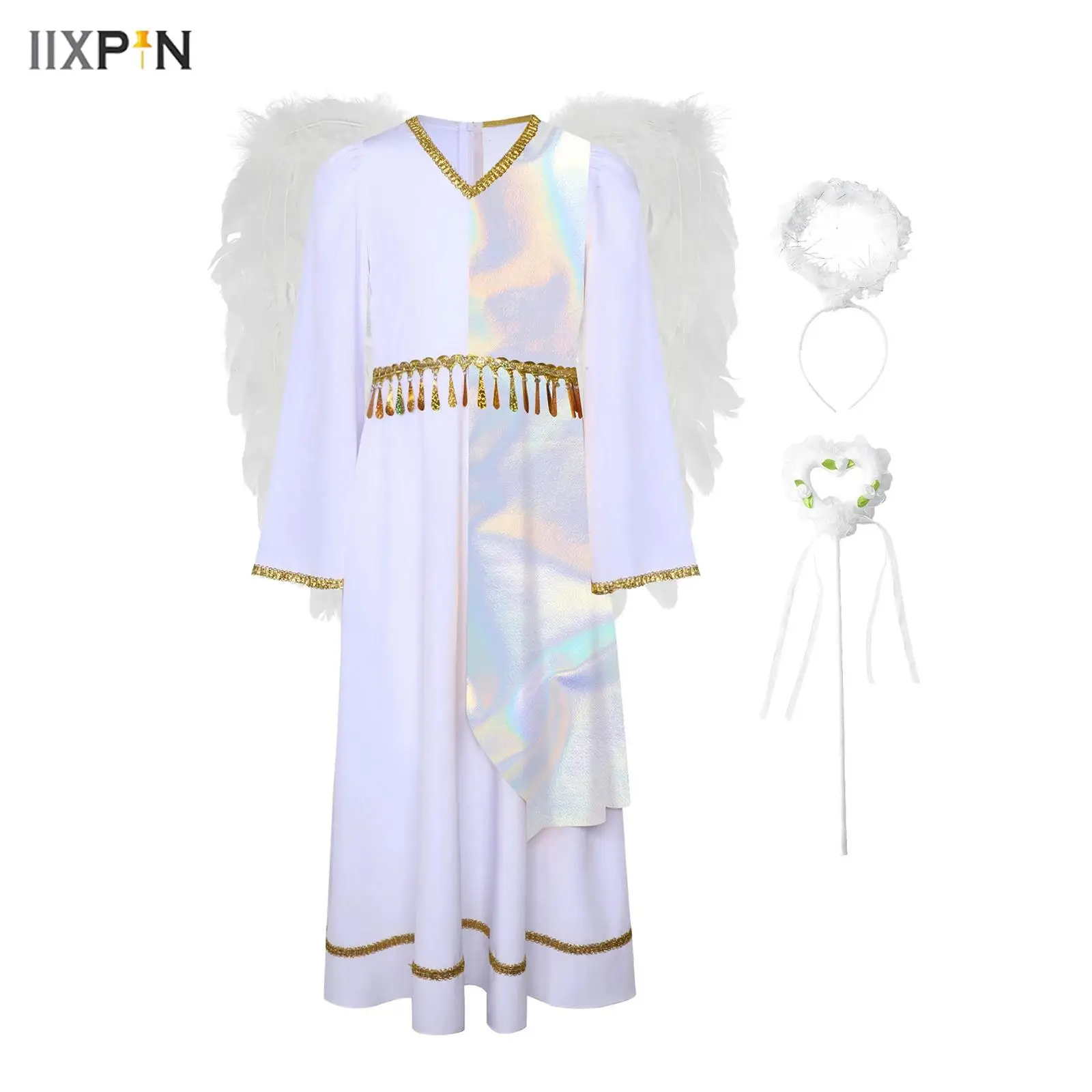 

Girls 4Pcs Angel Costume Golden Woven Trim V-Neck Flared Sleeve Sequins Tassels Star Pattern Dress+Headband+Fairy Sticks+Wing
