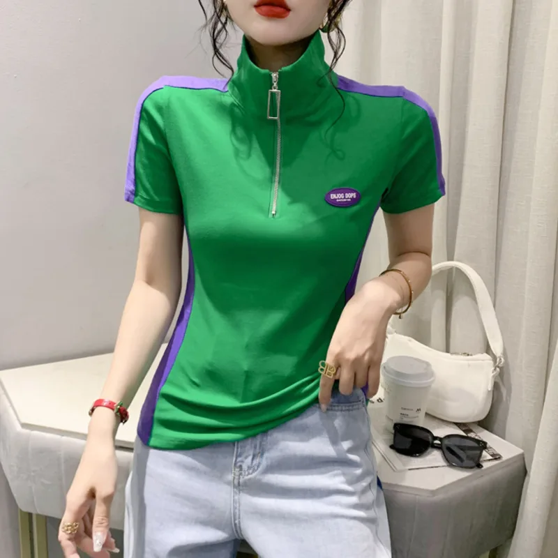 #5543 Black Green Spliced Color Short Sleeve T-shirt Women Turn-down Collar Zipper Sexy Short T Shirt Femme Cotton Skinny Summer