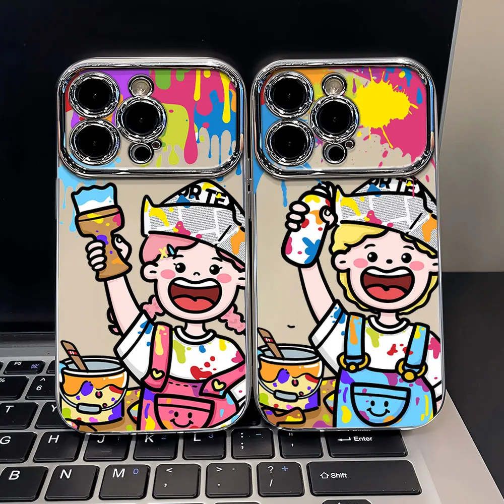 Couple cute cartoon character For Samsung A04 A05 A10 A21S A50 A325G phone electroplated frame dropproof Large window phone case