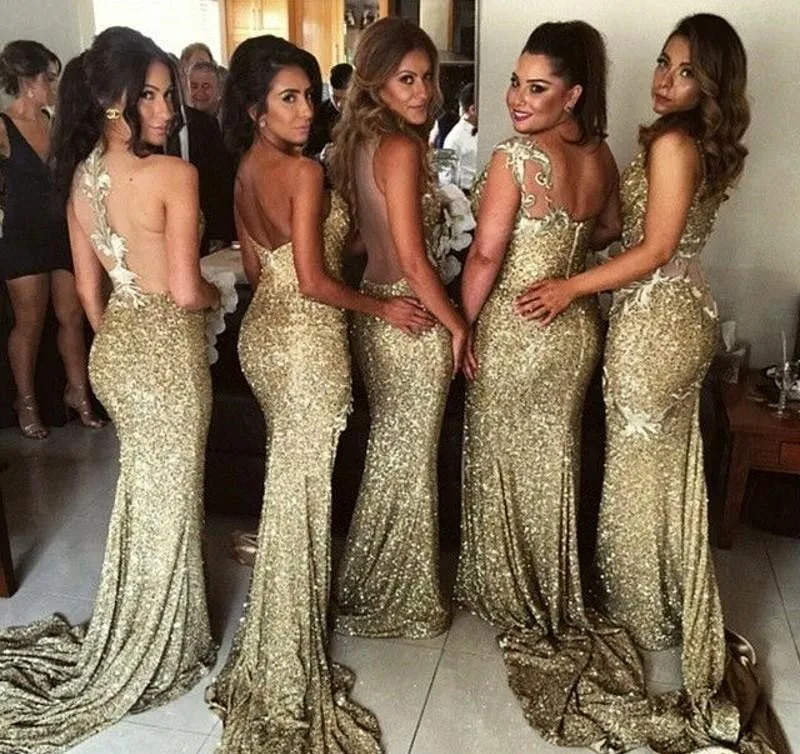 Sparkly Bling Gold Sequined Mermaid Bridesmaid Dresses for Wedding Backless Slit Plus Size Maid Of The Honor Gowns