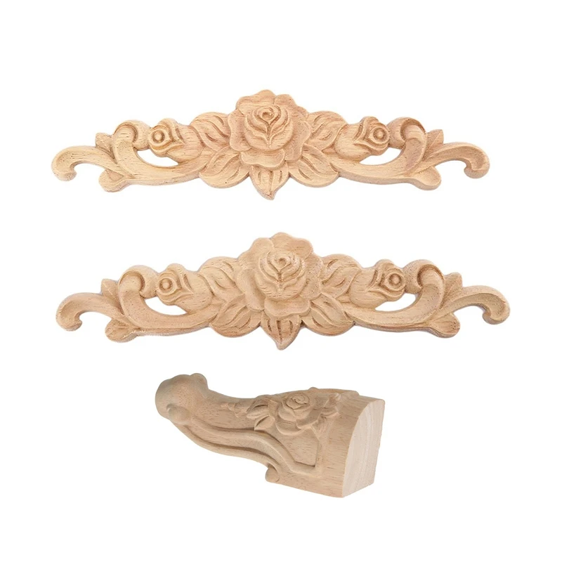 ABWP-6 Pcs Decorations: 2 Pcs 20X5cm Wood Carved Long Onlay Applique & 4 Pcs 10X6cm Solid Wood Carved Furniture Foot Legs