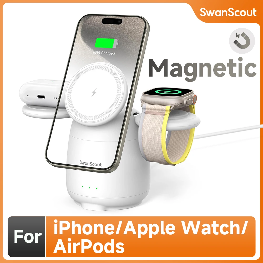 

SwanScout 707M Magnetic Charging Station for iPhone 16 15 14 13 12 Wireless Charger Stand for Apple Watch 2-10 SE for AirPods 4