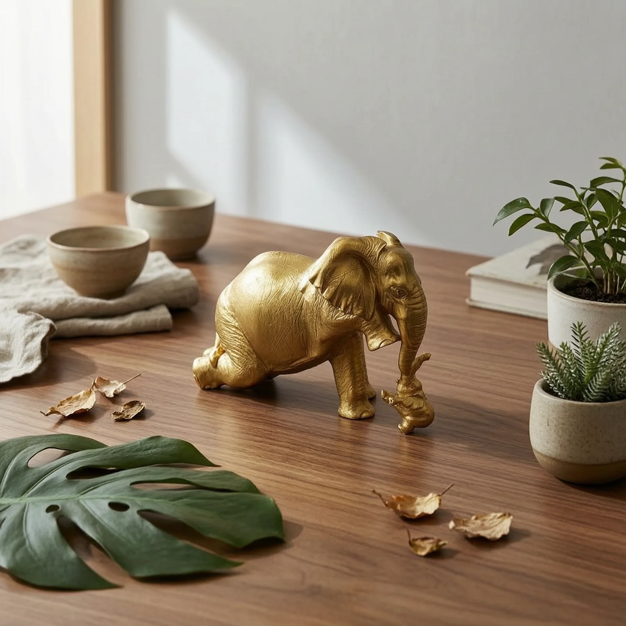 Gold Elephant Statue Tabletop Decor Elephant Figurine Creature Sculpture Resin Table Decoration Lustrous Look