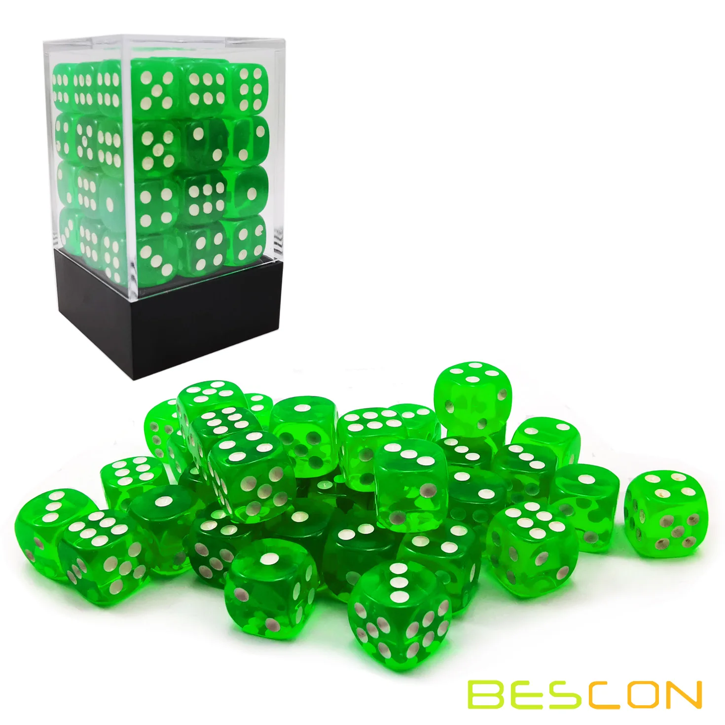 Bescon 12mm 6 Sided Dice 36 in Brick Box, 12mm Six Sided Die (36) Block of Dice, Translucent Green with White Pips