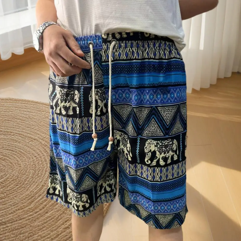 Men Summer Shorts Elephant Pattern Wide Leg Casual Beach Shorts Elastic Waist Adjustable Drawstring Quick Drying Short Pants