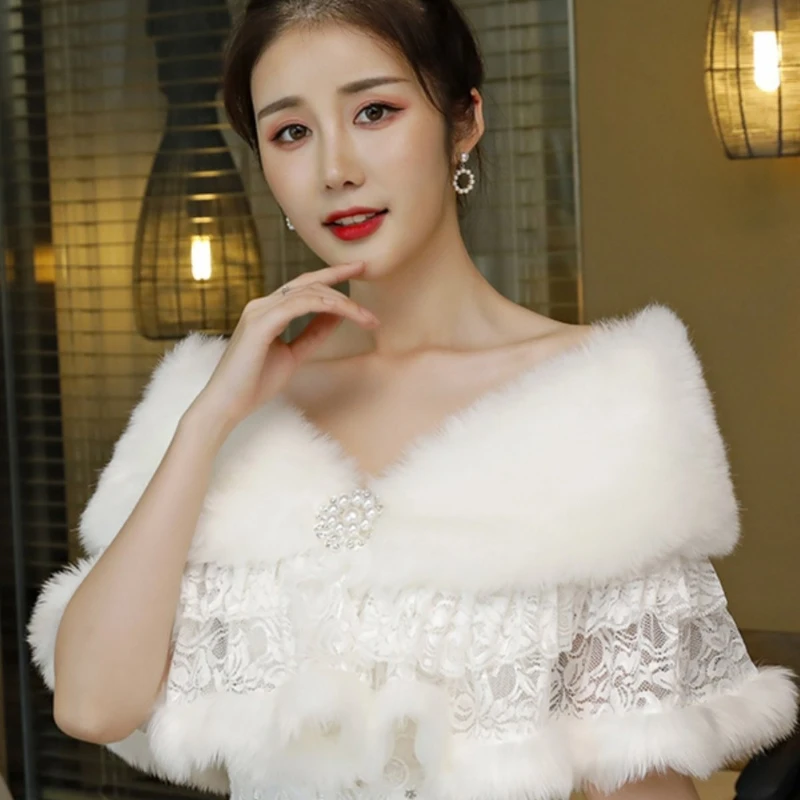 Bridal Furry Lace Shawl, Thick Warm Wedding Dress Wrap, Lace Cape for Bride Wedding Gown