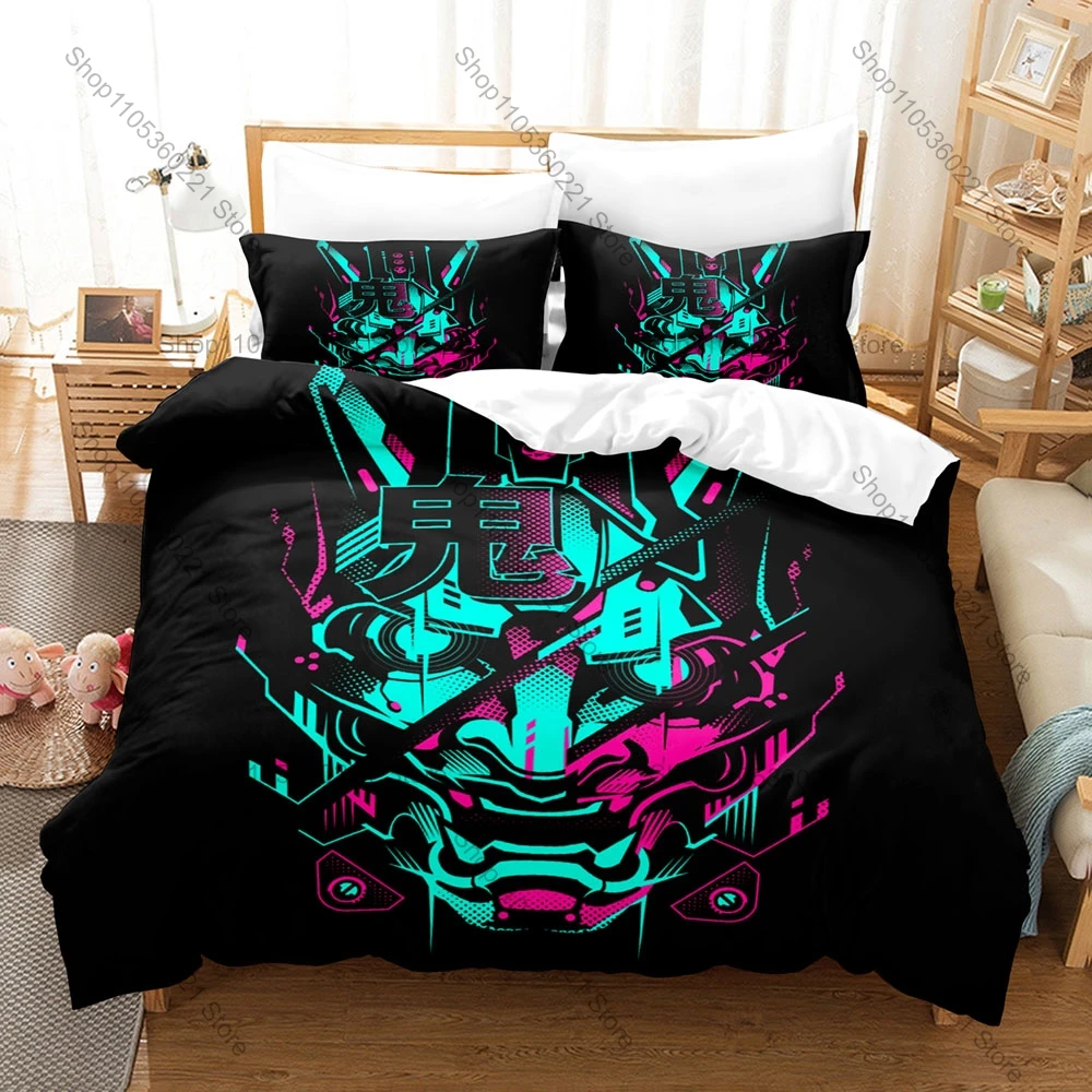 

Japanese Oni Mask Samurai Tattoo Art Duvet Cover + 2 Pillowcases, Vintage Warrior Pattern Bedding Set for Adults Room Decoration