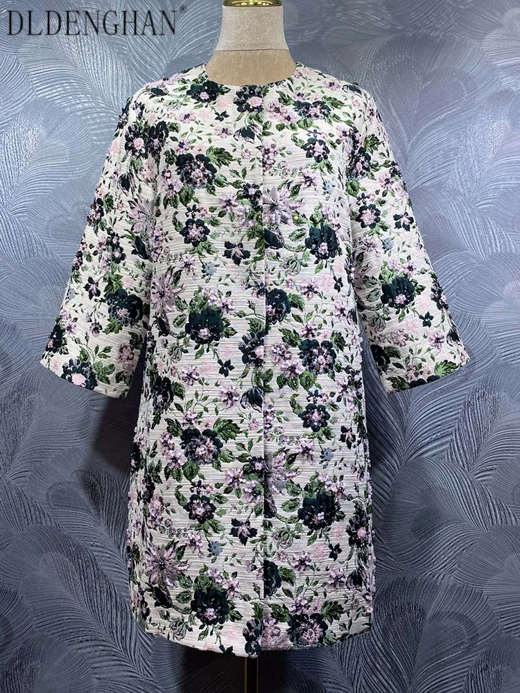 

DLDENGHAN Women's Vintage Jacquard Beaded Button Coat O-Neck 4/3 Sleeve Pockets Fashion Outerwear for Autumn