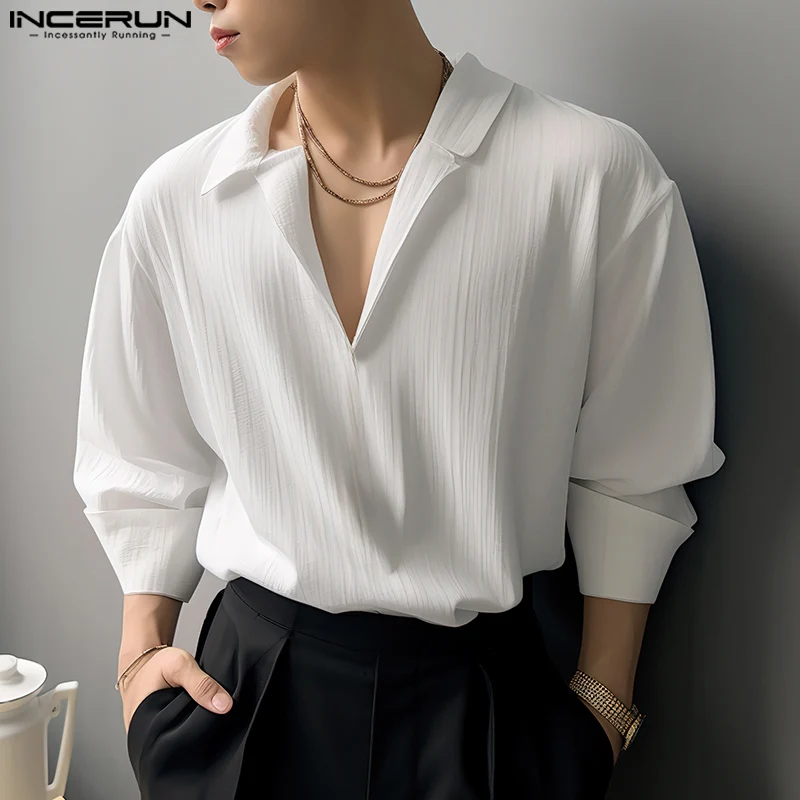 INCERUN Tops 2024 Korean Style New Men's Simple V-neck Design Shirts Casual Well Fitting Male Textured Long Sleeved Blouse S-5XL