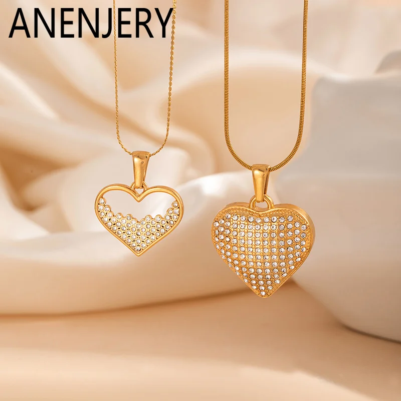 ANENJERY 316L Stainless Steel Fully Inlaid Hollow Heart Zircon Necklace For Women Romantic Luxury Niche Jewelry Gifts Wholesale