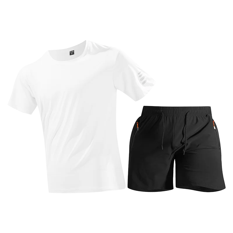 T-shirt à col rond léger à taille élastique, short à séchage rapide, vêtements de sport d\'été décontractés, ensemble Ice InjThin, poche Wstring