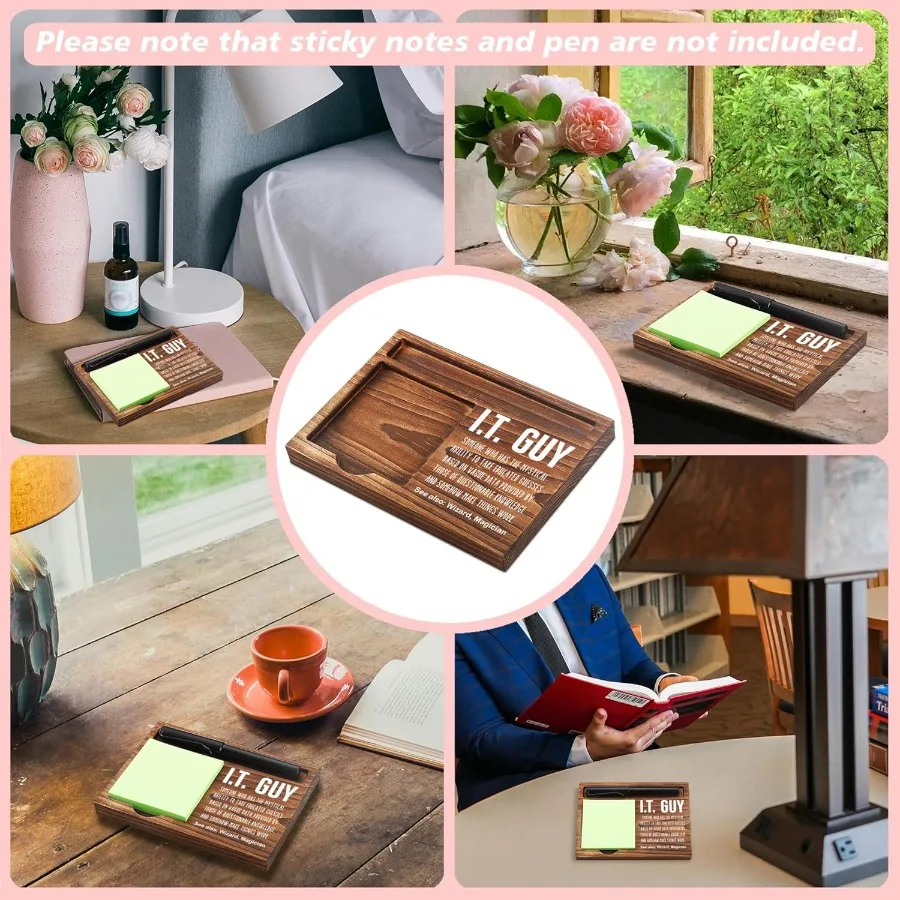 Funny I.T. G Sticky Note Holder Wooden Notepad and Pen Holder 6.5" x 4.7" IT Tech Sticky Note Pad Holder Dispenser for Desk I.T