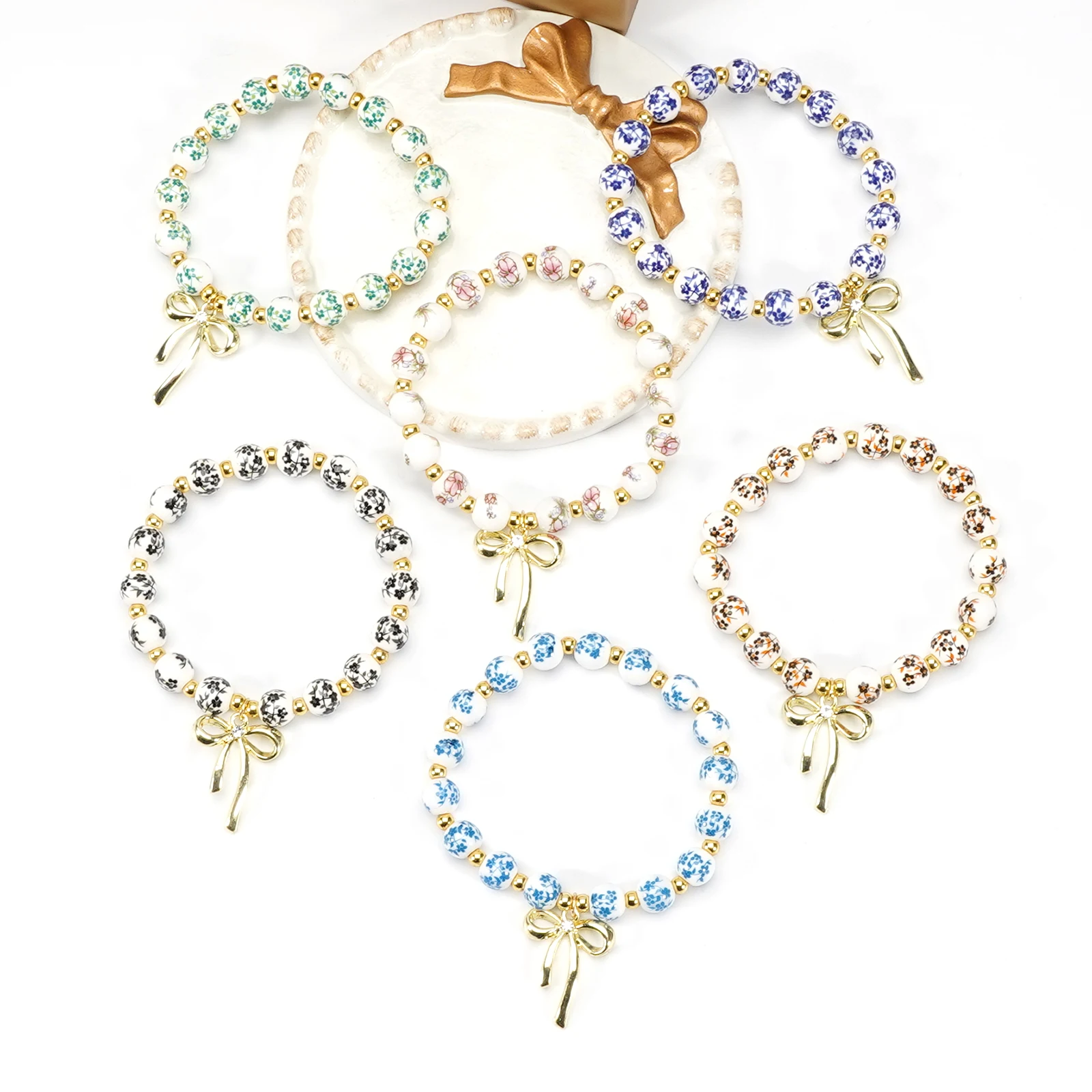Bohemian Single Ceramic Elastic Bracelet Bow Pendant Bracelet
