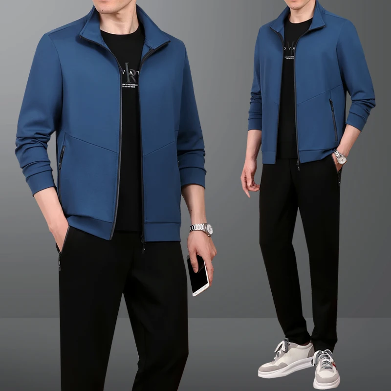 6XL Spring Men Sportswear Tracksuit Cotton Loose Korean Zipper Pocket Jacket+Pant Running Jogger Casual Workout Set Outfits Suit