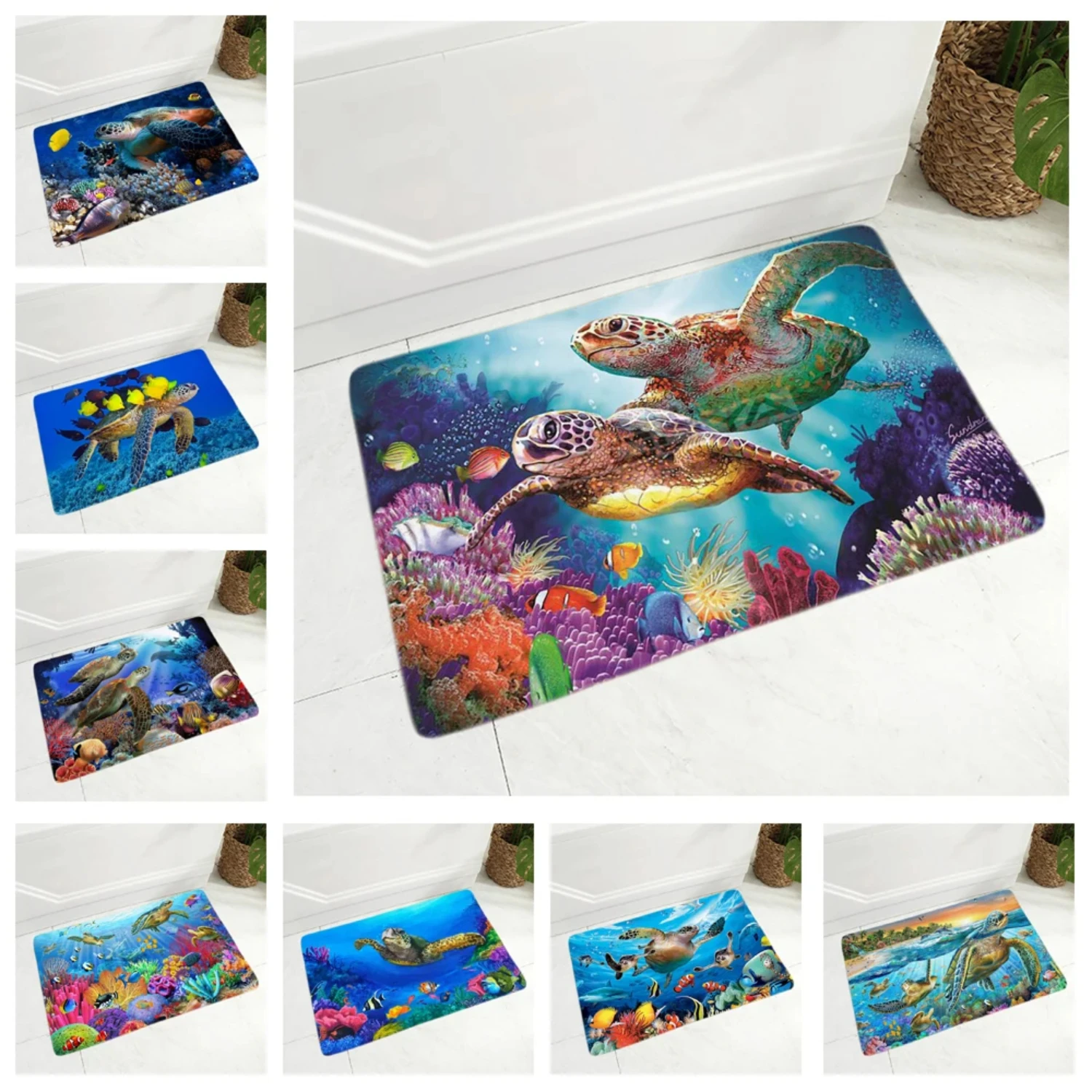 Colorful, soft, and non-slip sea turtle design flannel rug - a perfect addition to your underwater-themed space. This vibrant an