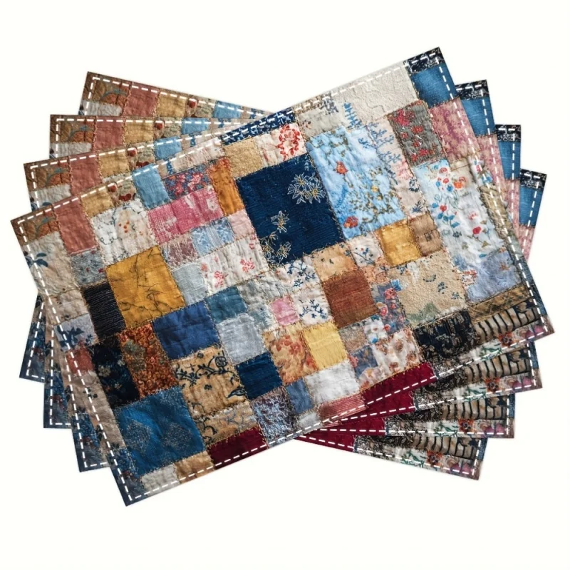 Vintage Patchwork Linen Placemats, Colorful Quilt‑Style Printed Table Mats, Retro Dining Home Decor