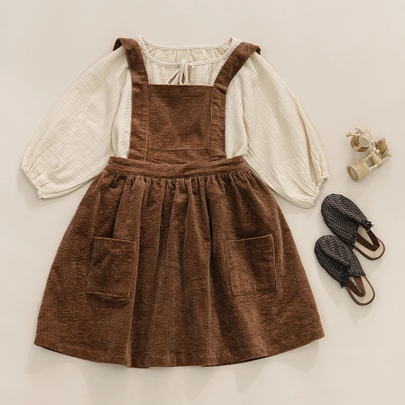 Autumn New Girls Corduroy Brown Strapless Dress Retro Casual Back Cross Straps Elastic Waist Sleeveless Dresses Kids Clothes