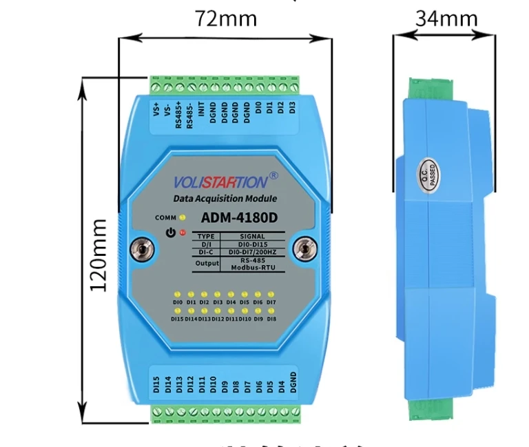 Módulo de aquisição de sinal, interruptor 16 canais, entrada digital isolada 16DI, 485 Modbus, RTU, ADM-4180D