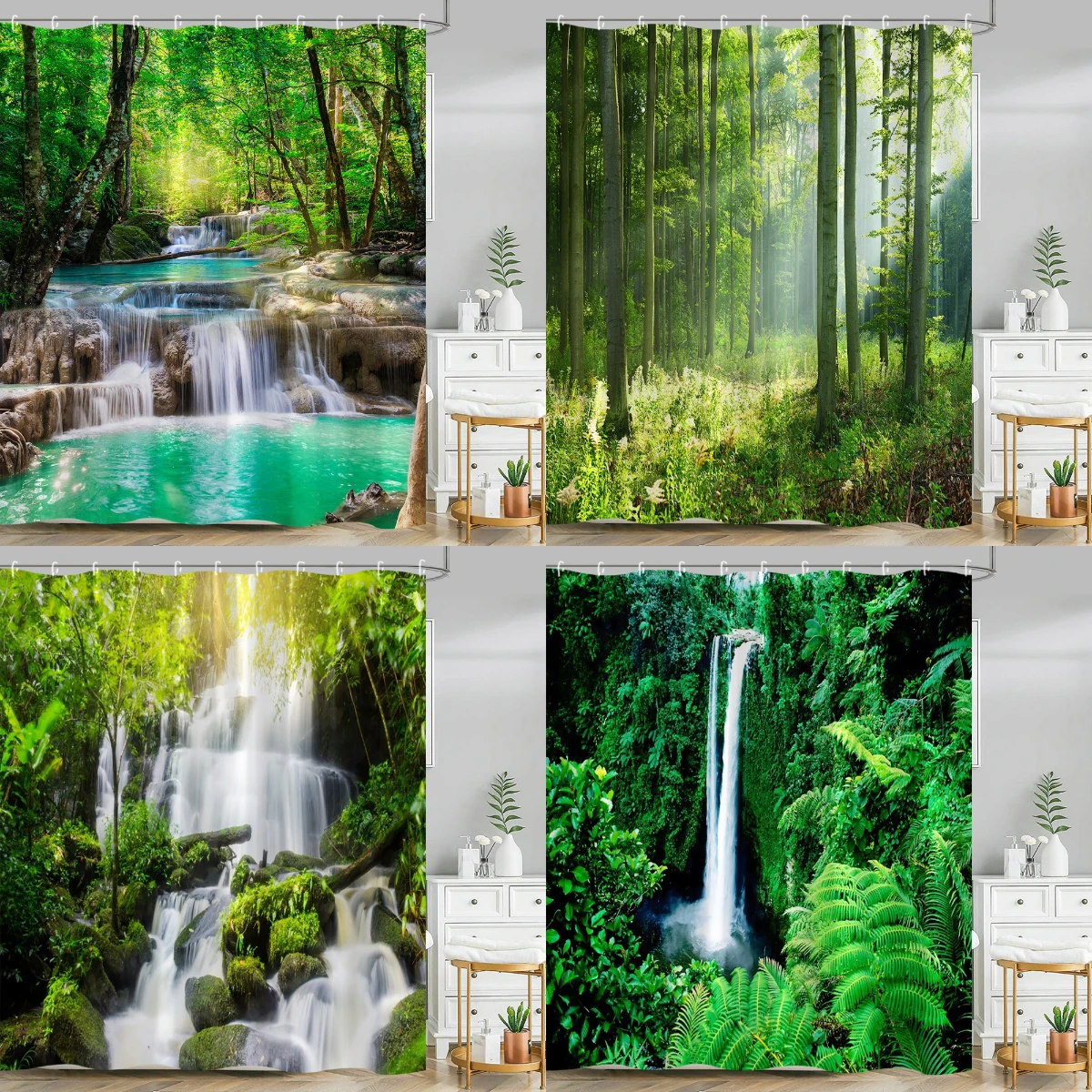 

Modern Scenic Garden Shower Curtain Outdoor Jungle Rainforest Waterfall River Sunny Polyester Fabric Home Bathroom Decor Curtain