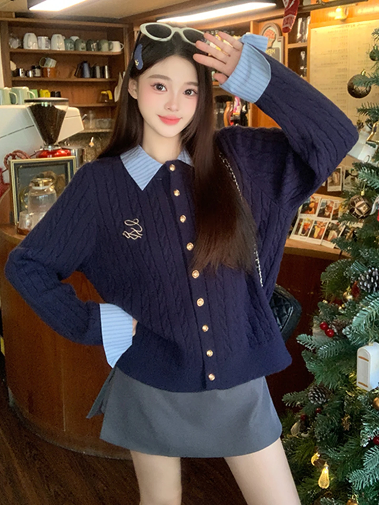 

Cobalt Blue Knitted Ne Open Cardigan Women's plus Size Spring College Sle Age-Defng Sweater Outerwear Top